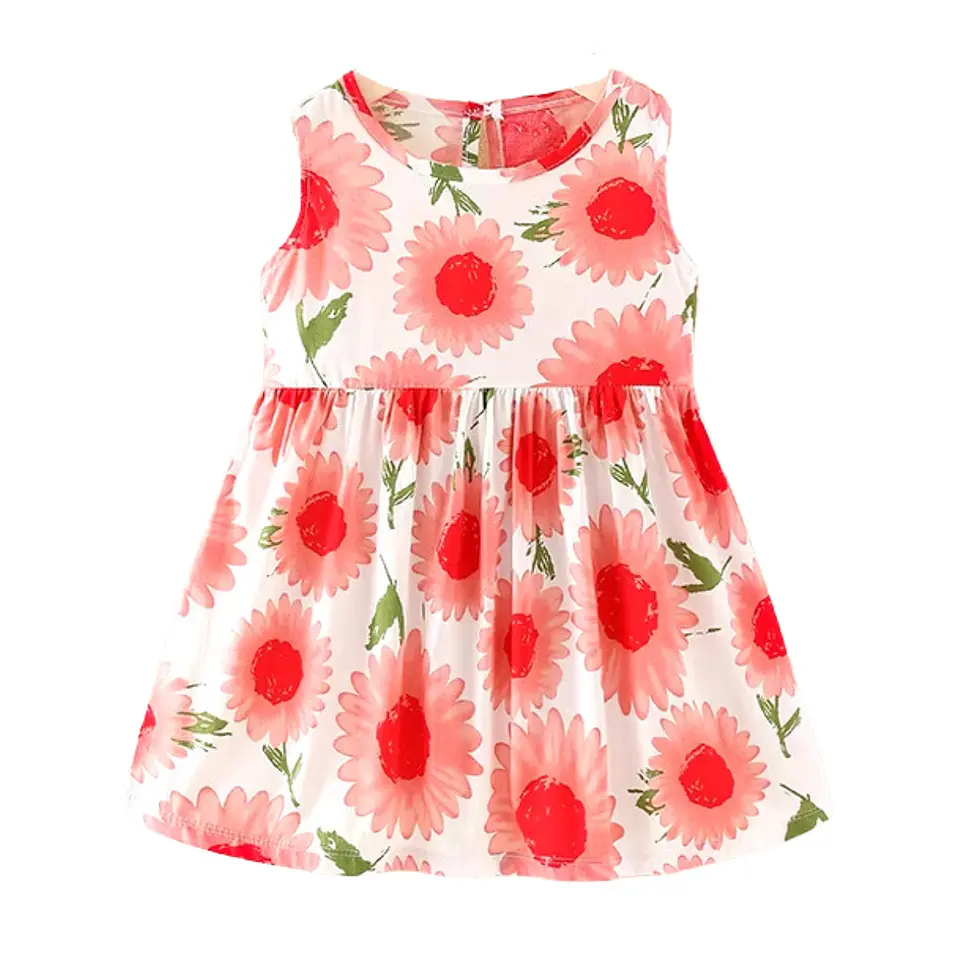 Vestido Niña Sin Mangas Algodon Verano Estampado Flor Roja 3