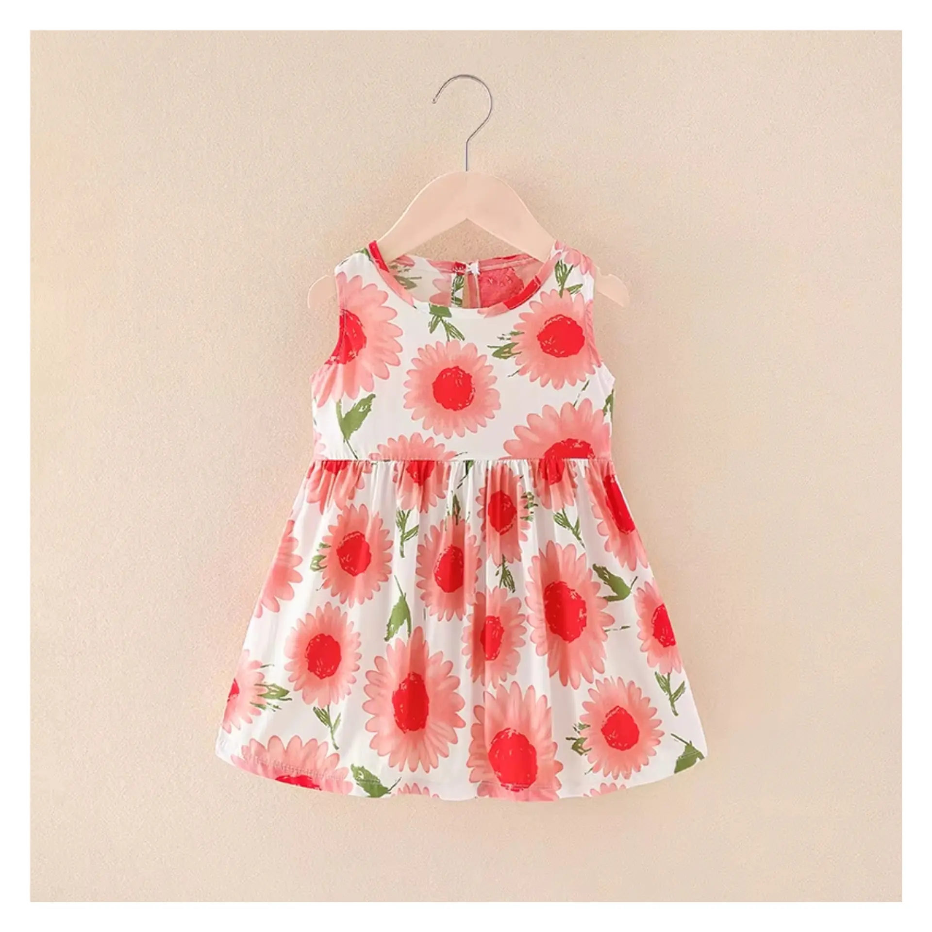 Vestido Niña Sin Mangas Algodon Verano Estampado Flor Roja 1