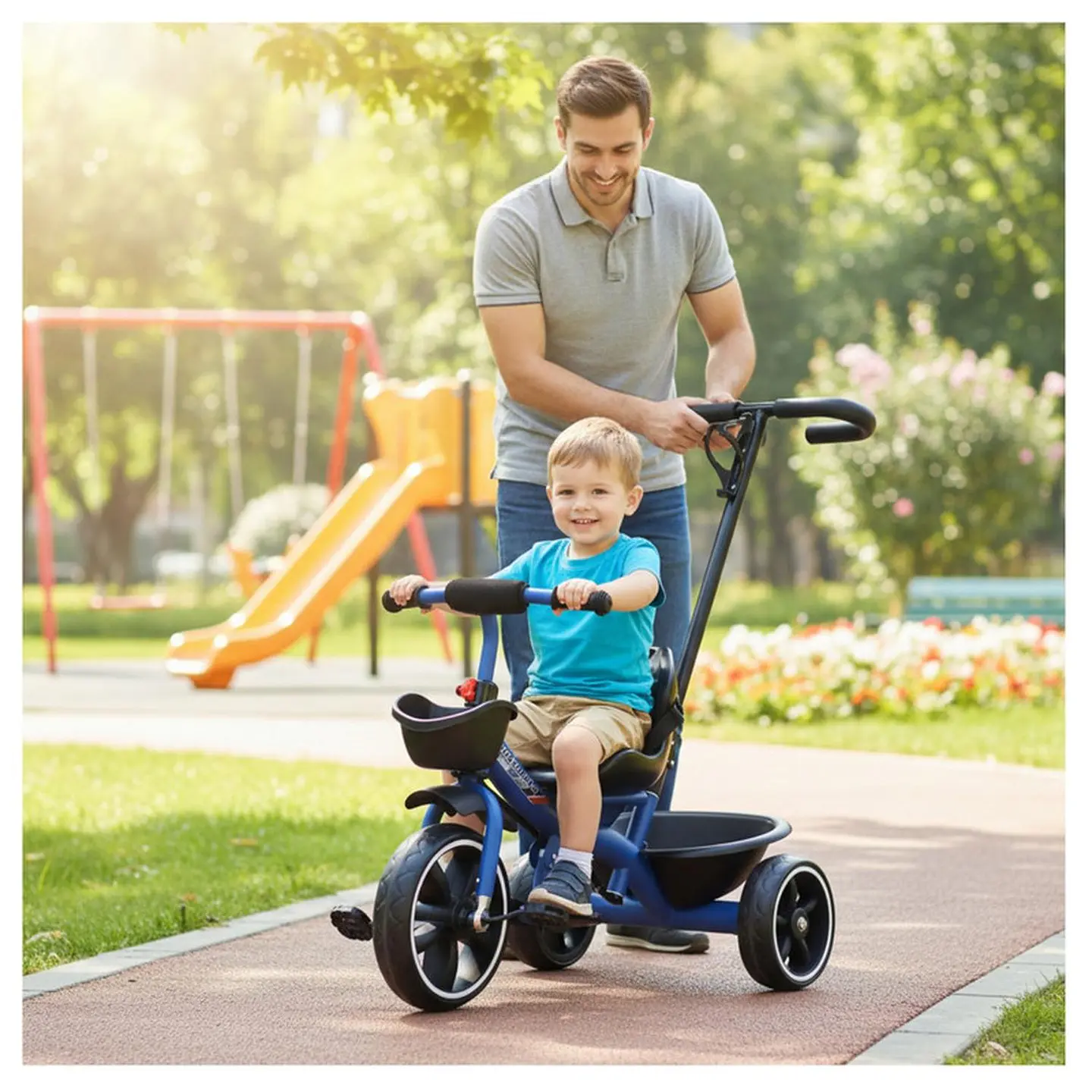 Triciclo Infantil Mango De Empuje Alto Asiento Grande Azul 3