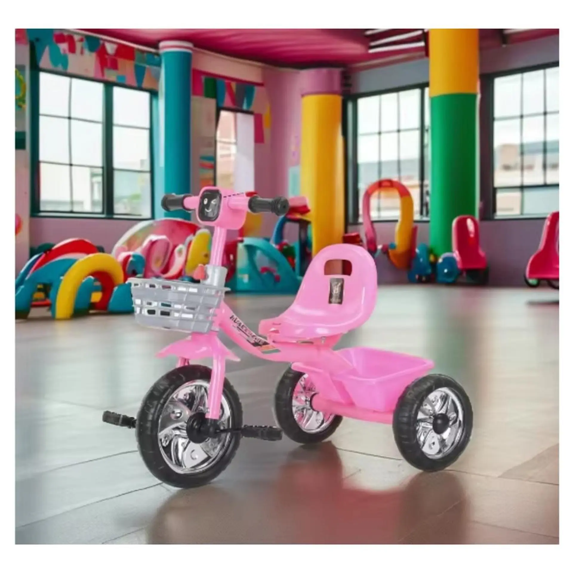 Triciclo Infantil Bici Musical Con Canasto y Respaldo Rosado 3
