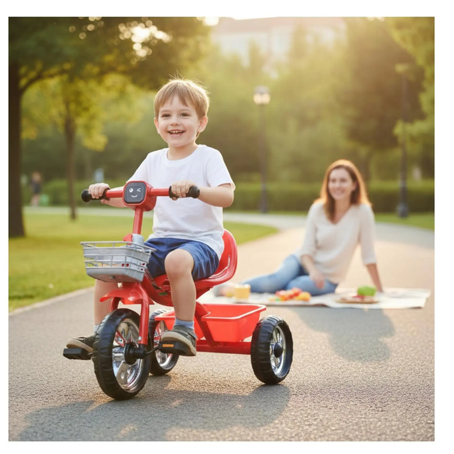 Triciclo Infantil Bici Musical Con Canasto y Respaldo Rojo 3