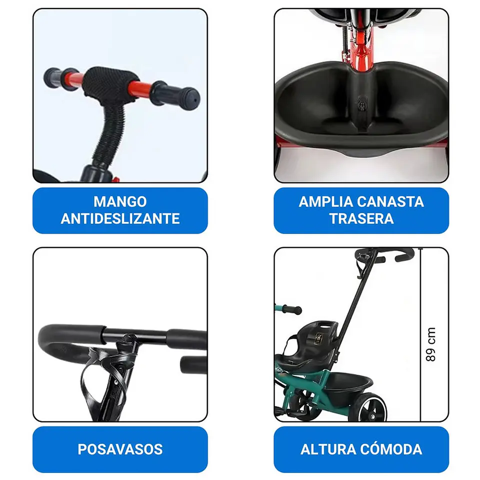 Triciclo Infantil Mango De Empuje Alto Asiento Grande Verde 4