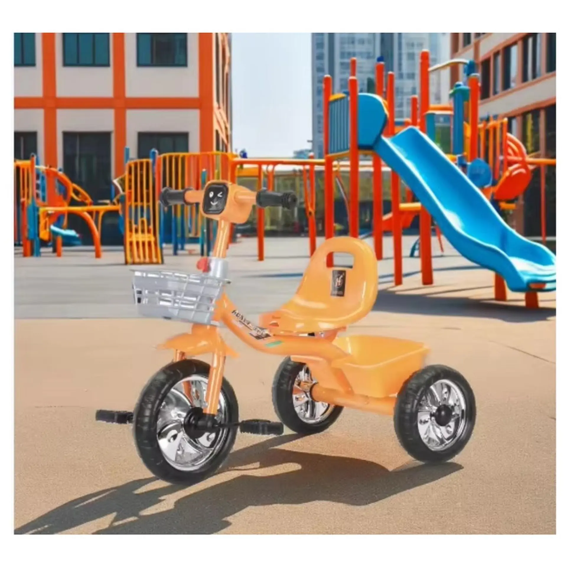Triciclo Infantil Bici Musical Con Canasto y Respaldo Naranjo 3