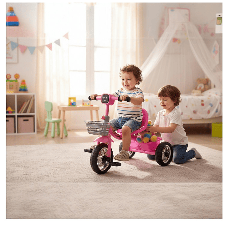 Triciclo Infantil Bici Musical Con Canasto y Respaldo Rosado 4