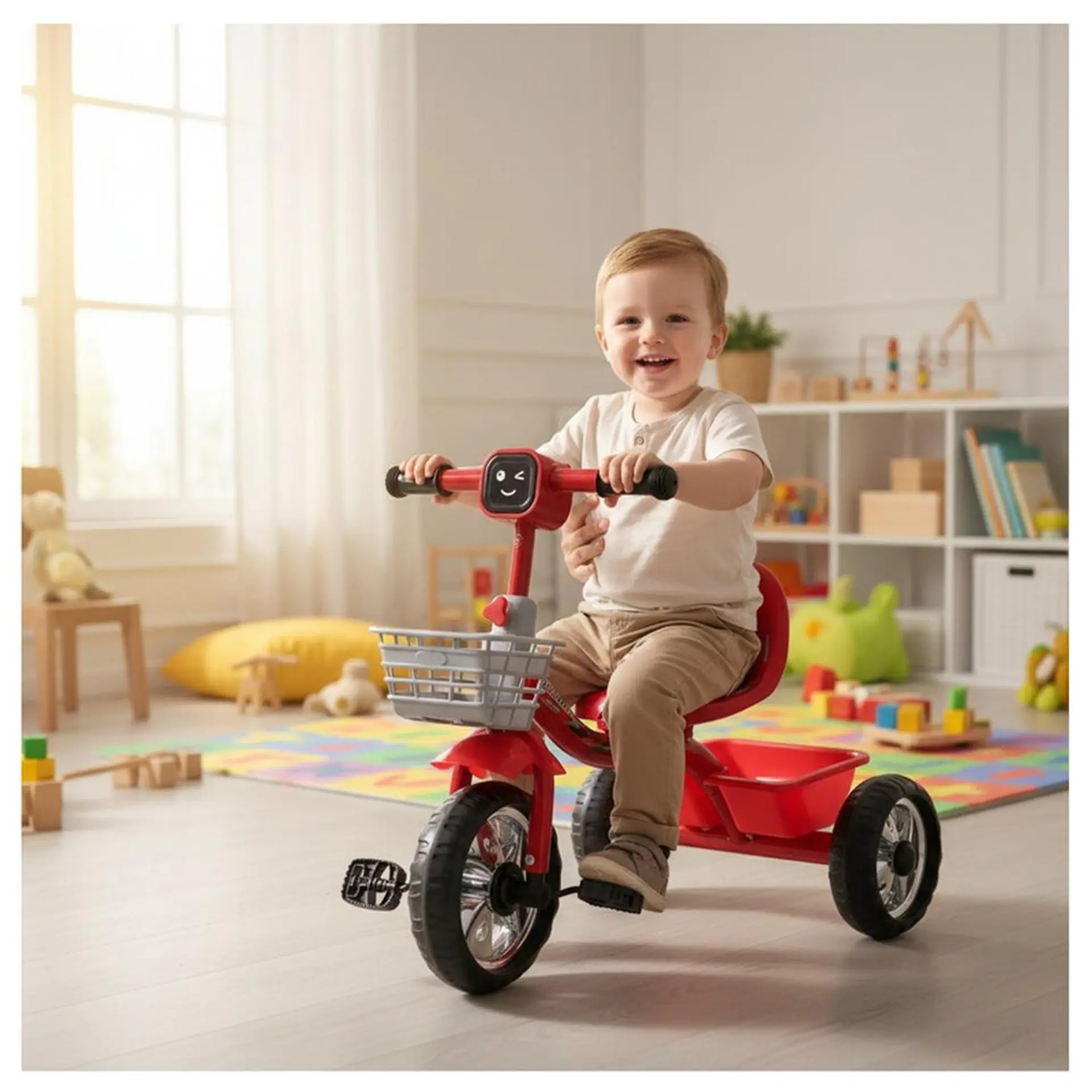 Triciclo Infantil Bici Musical Con Canasto y Respaldo Rojo 4