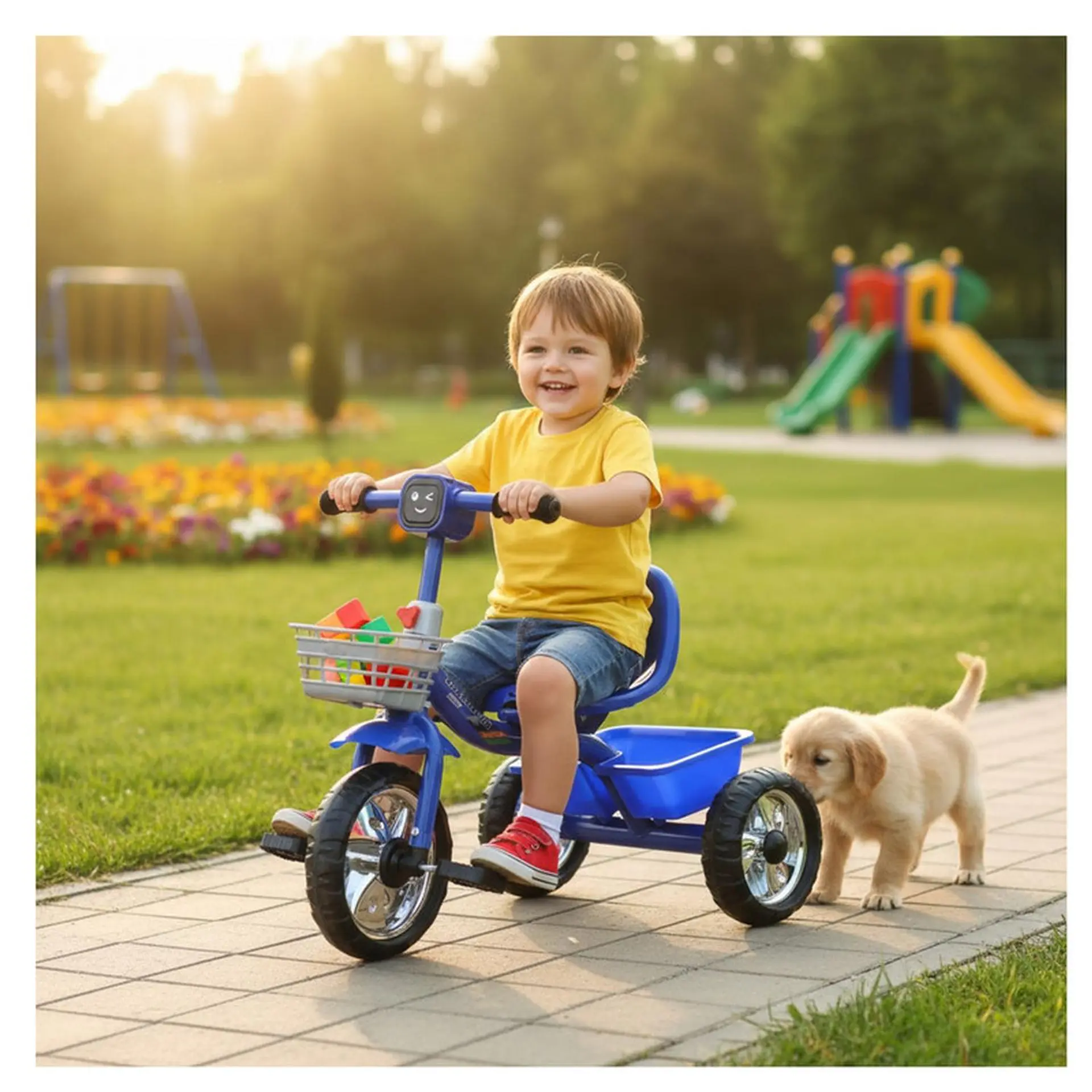 Triciclo Infantil Bici Musical Con Canasto y Respaldo Azul 3