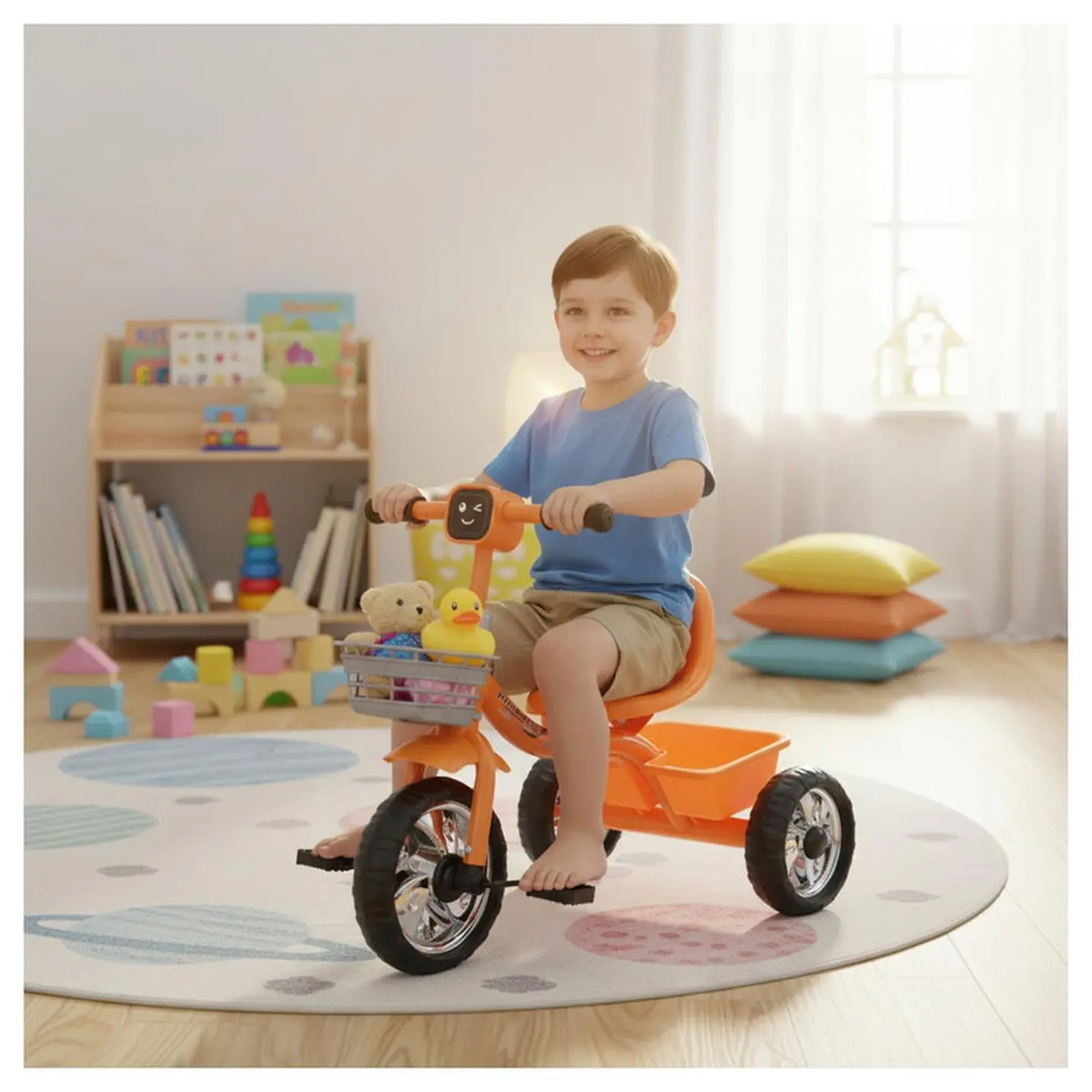 Triciclo Infantil Bici Musical Con Canasto y Respaldo Naranjo 4