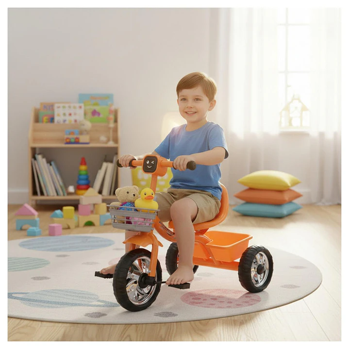 Triciclo Infantil Bici Musical Con Canasto y Respaldo Naranjo 4