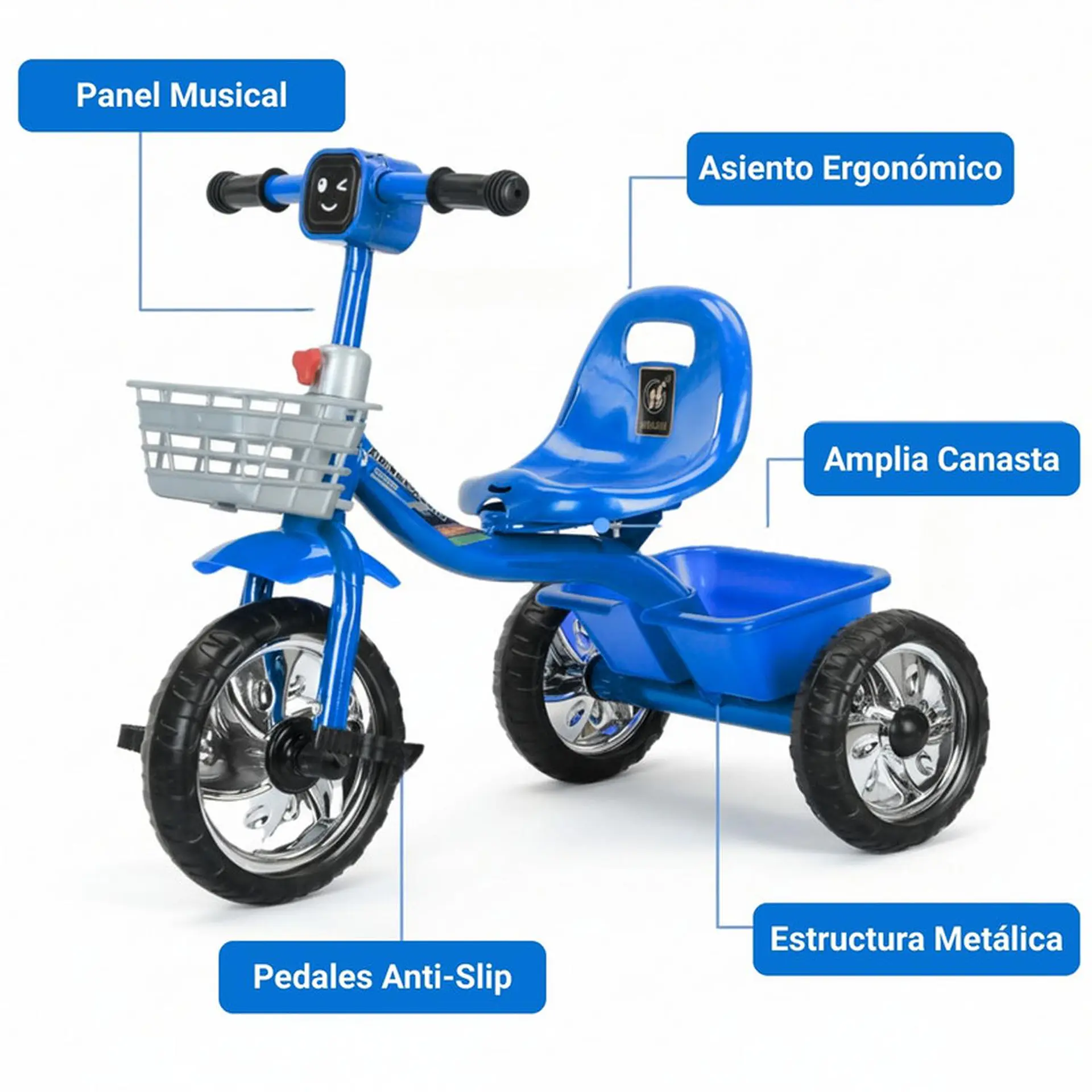 Triciclo Infantil Bici Musical Con Canasto y Respaldo Azul 5