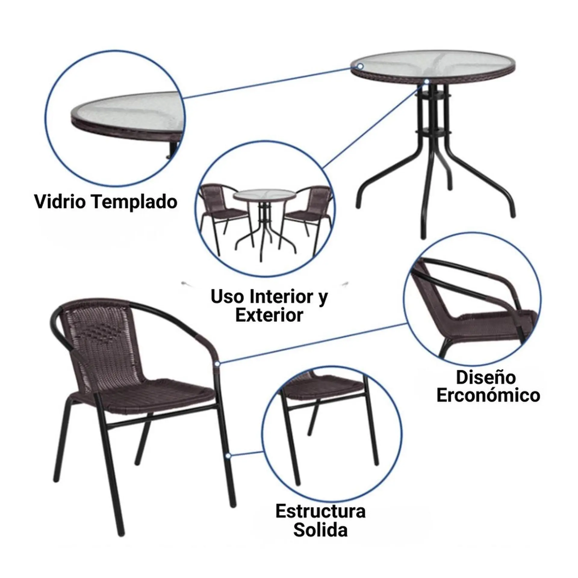 Juego De Terraza De Balcón Comedor Mesa Vidrio Kate 2 Sillas 6