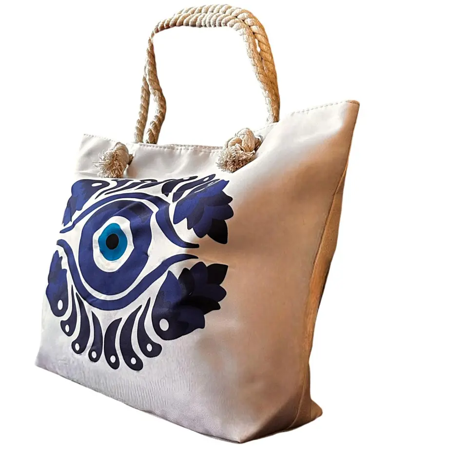 Bolso Playa Lona Algodón Blanco Con Cierre Y Bolsillo 2