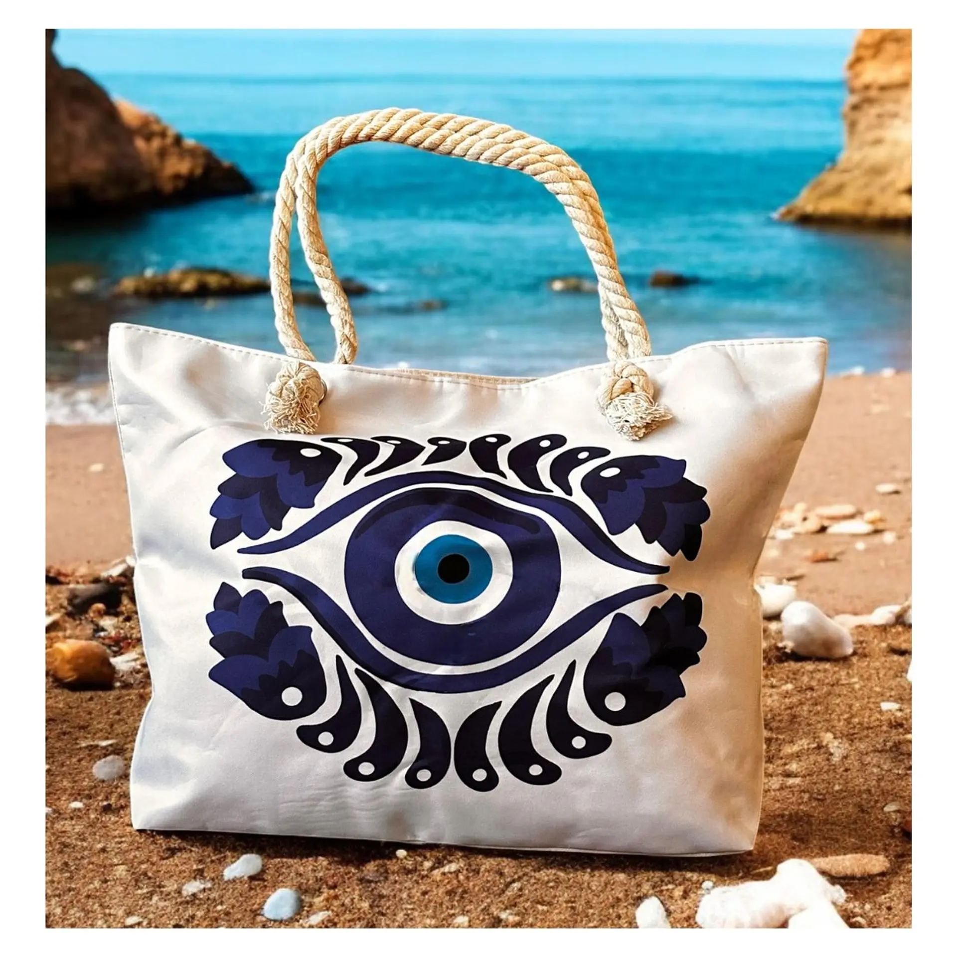 Bolso Playa Lona Algodón Blanco Con Cierre Y Bolsillo 3