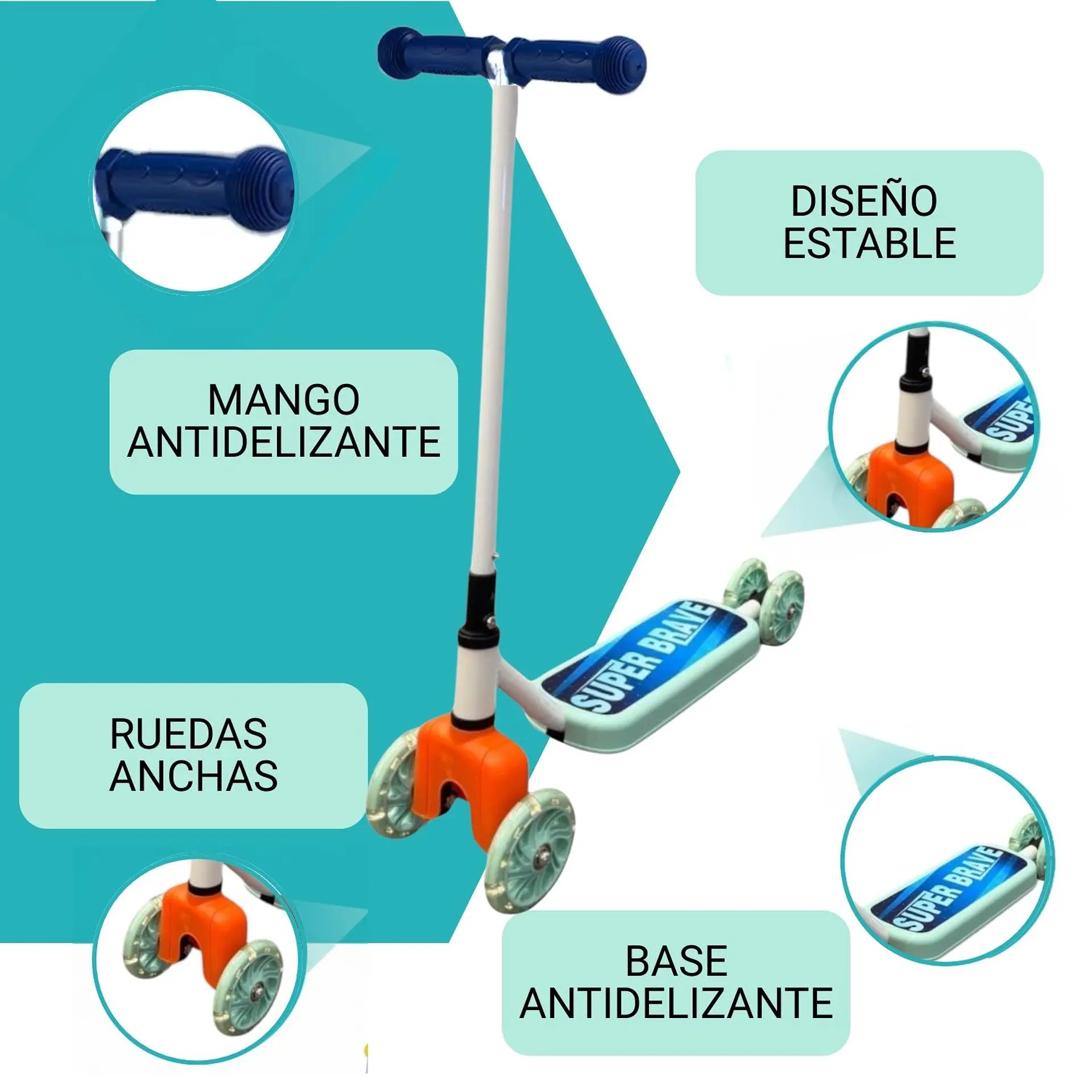 Scooter Infantil 4 Ruedas Ajustable Niño Estable Azul 5