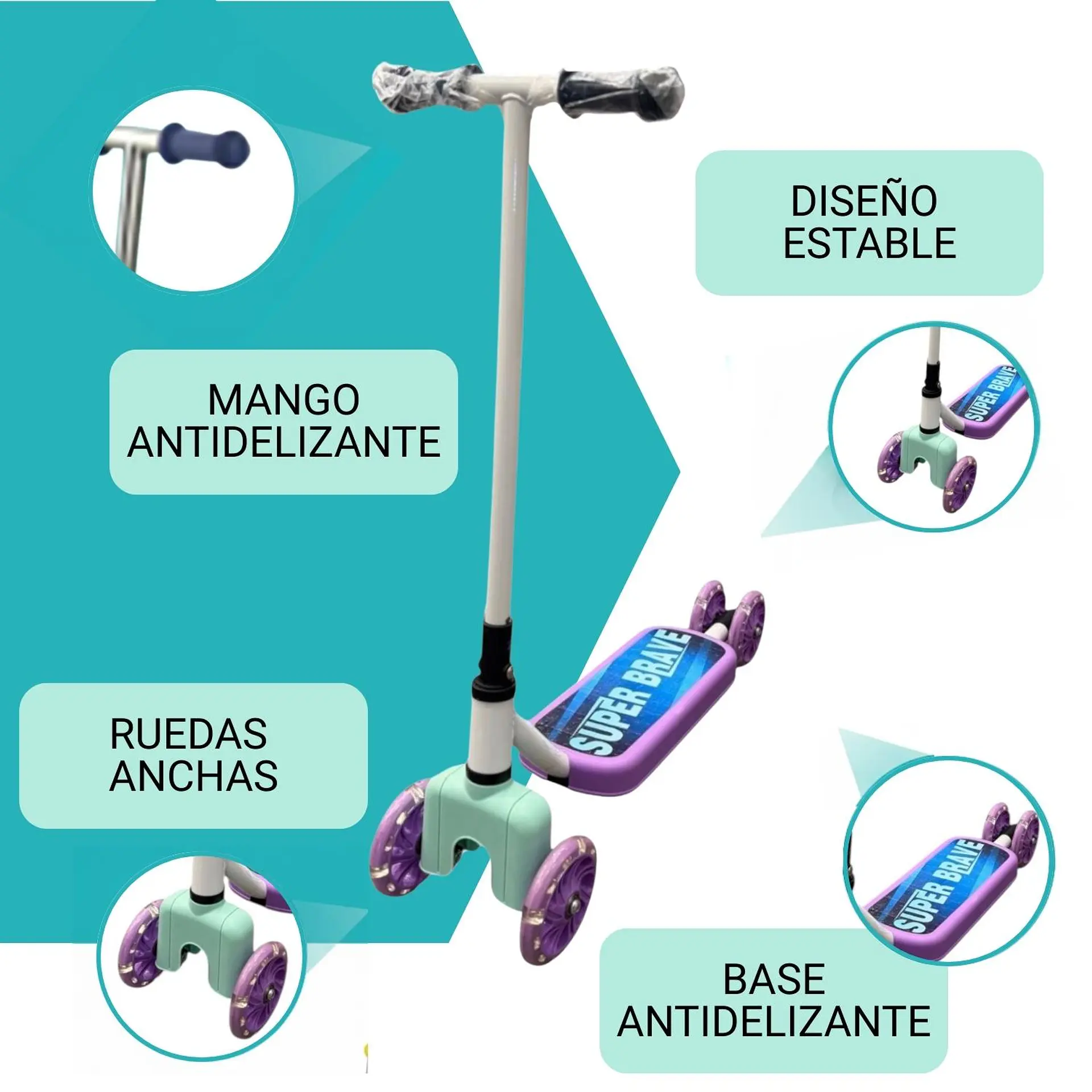 Scooter Infantil 4 Ruedas Ajustable Niño Estable Morado 5