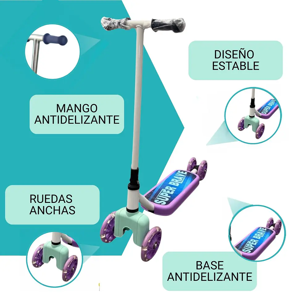 Scooter Infantil 4 Ruedas Ajustable Niño Estable Morado 4