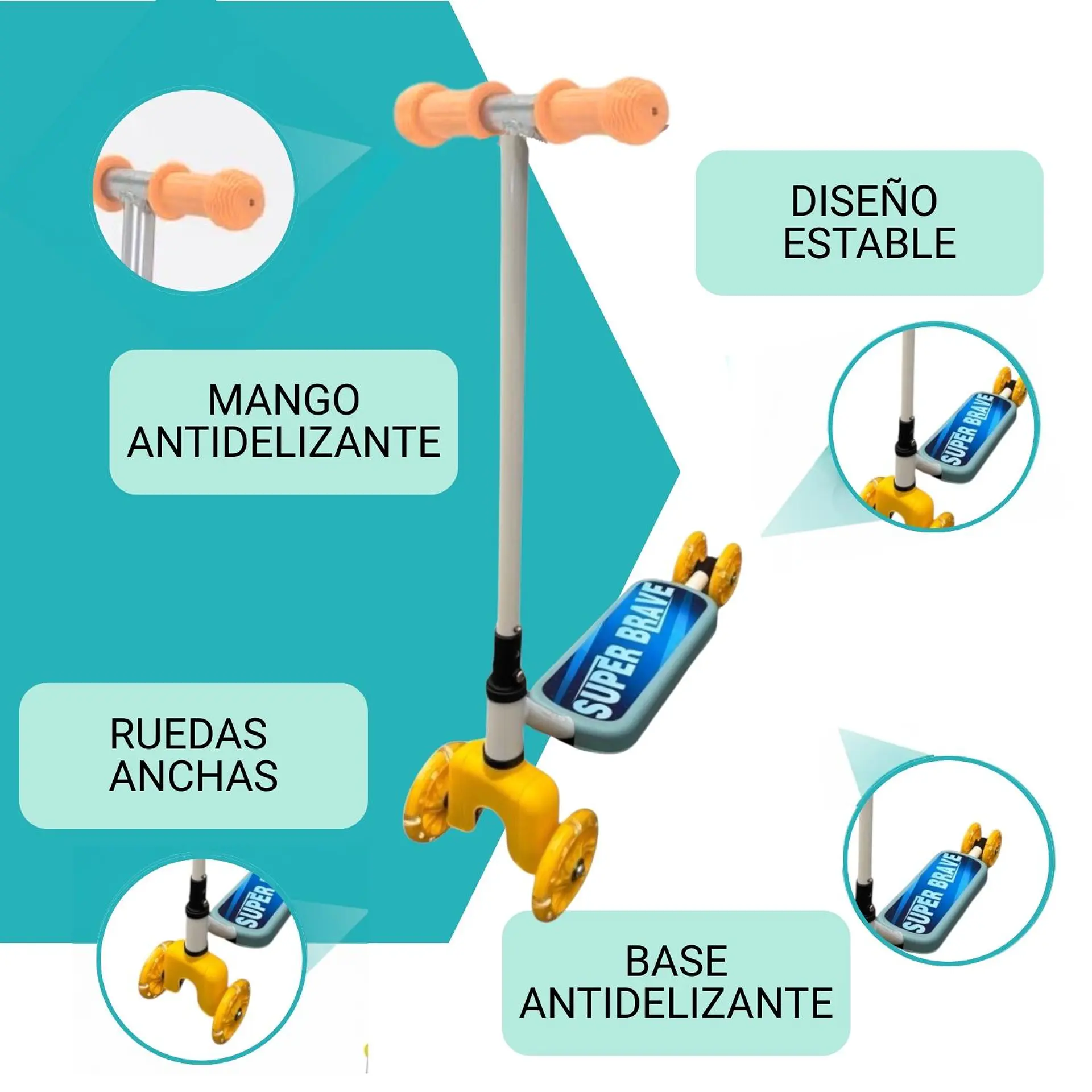 Scooter Infantil 4 Ruedas Ajustable Niño Estable Celeste 5