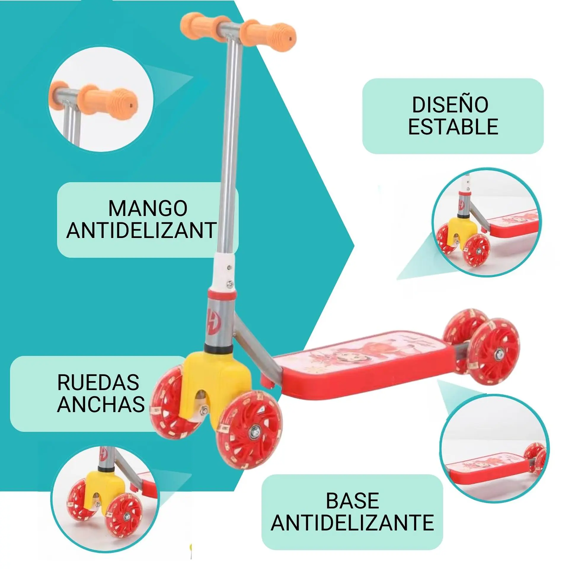 Scooter Infantil 4 Ruedas Ajustable Niño Estable Rojo 5