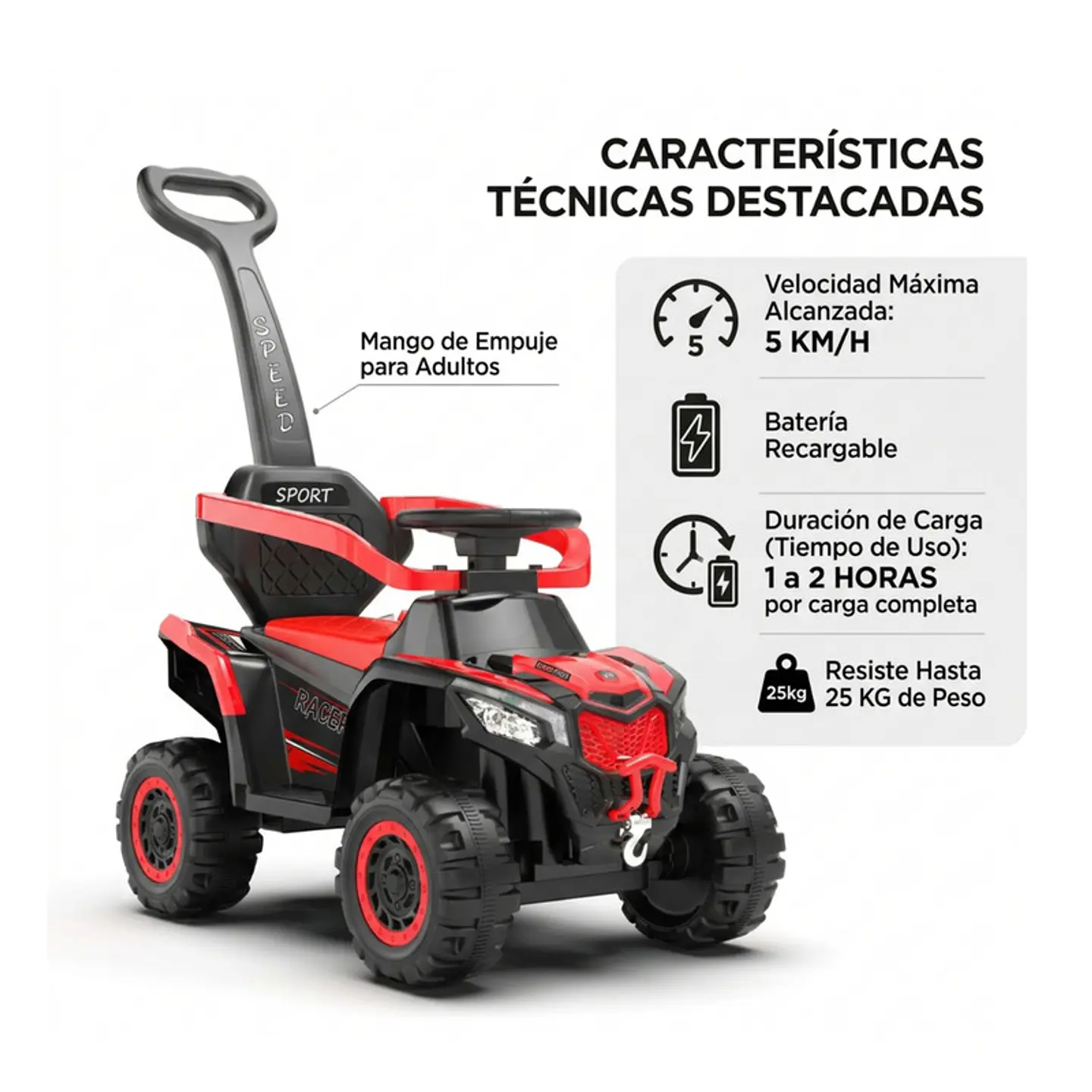 Auto Eléctrico Infantil 3en1 Con Manilla Correpasillo Rojo 4
