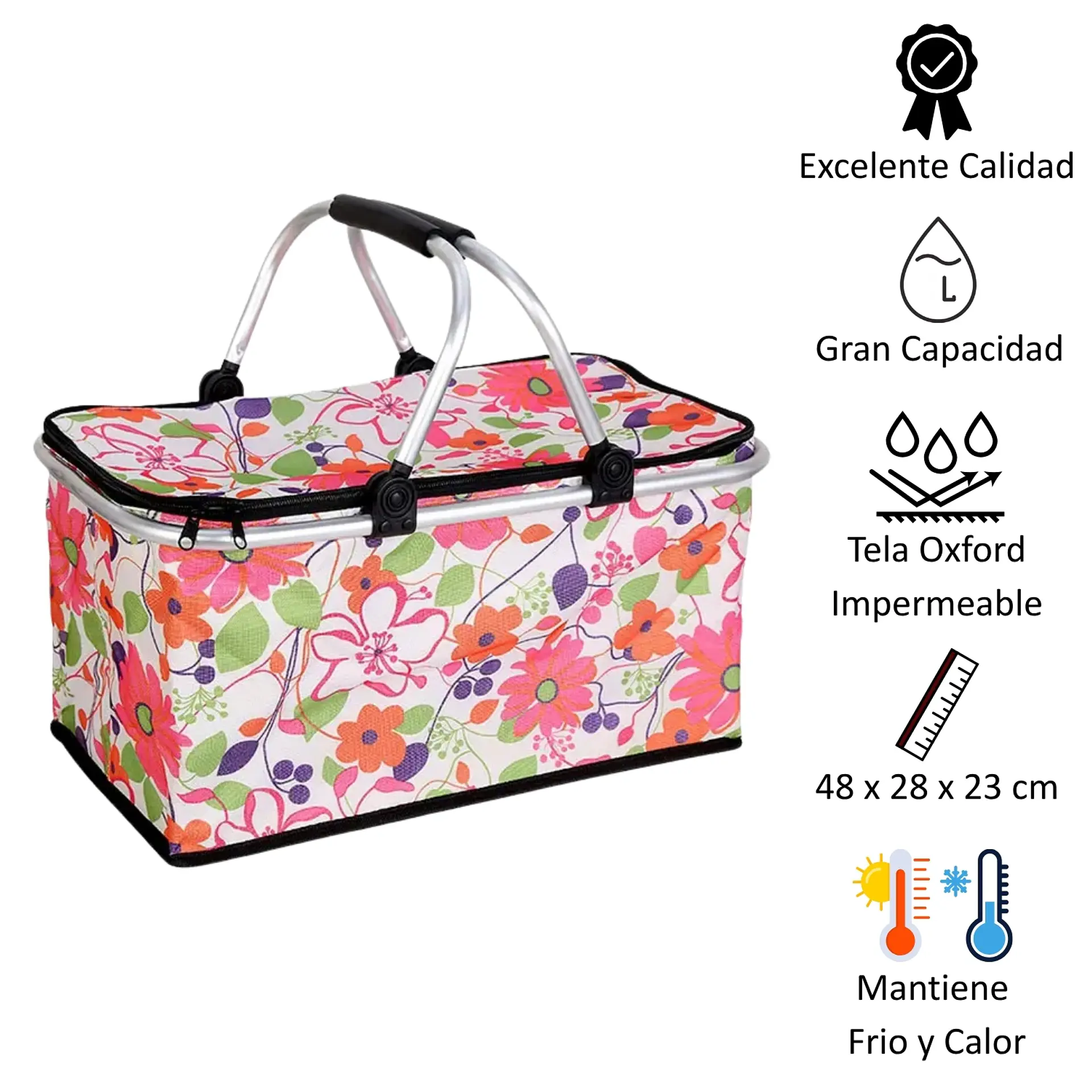 Bolso Termico Plegable Flores Rosa Cooler Canasta Picnic 3