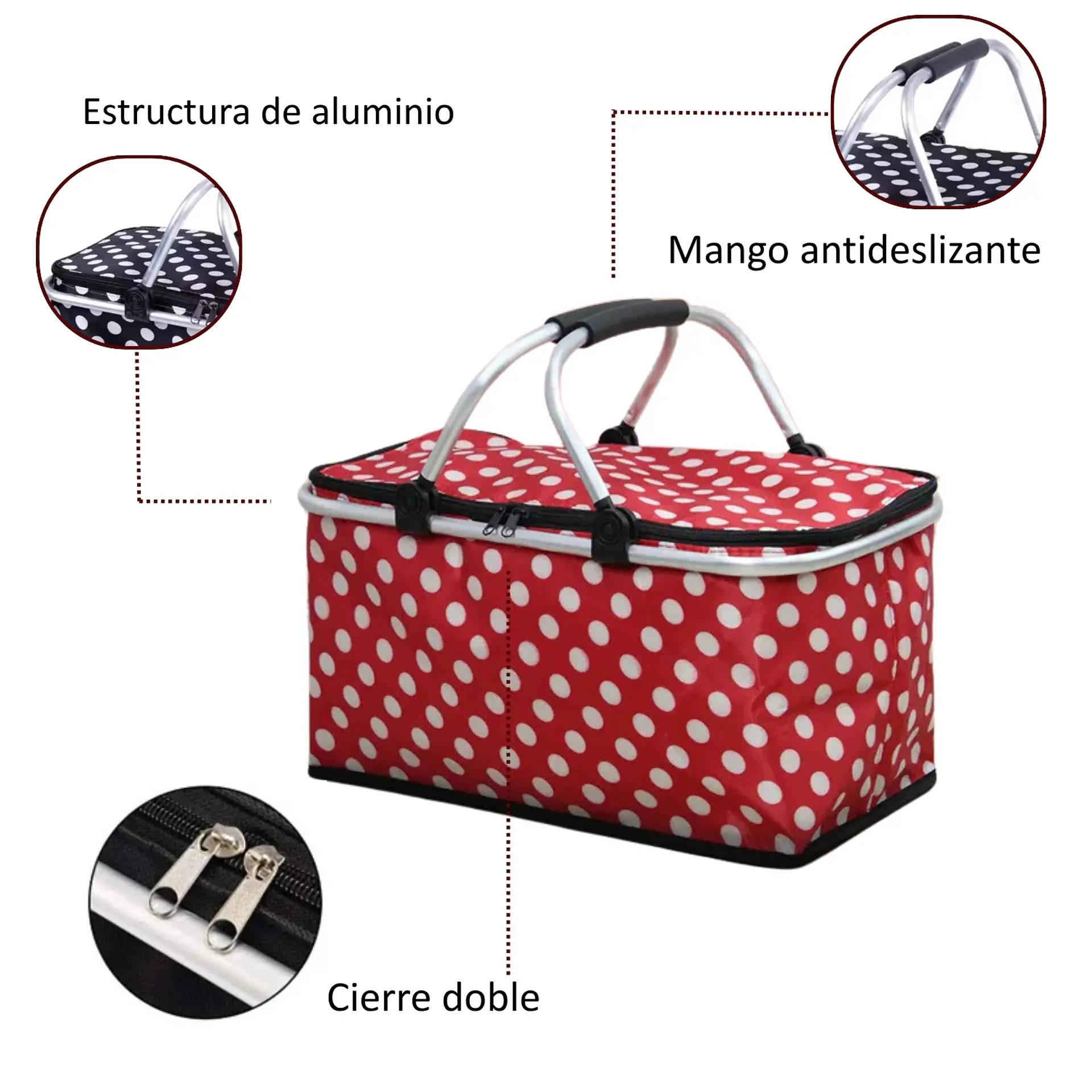 Bolso Termico Plegable Puntos Rojos Cooler Canasta Picnic 4
