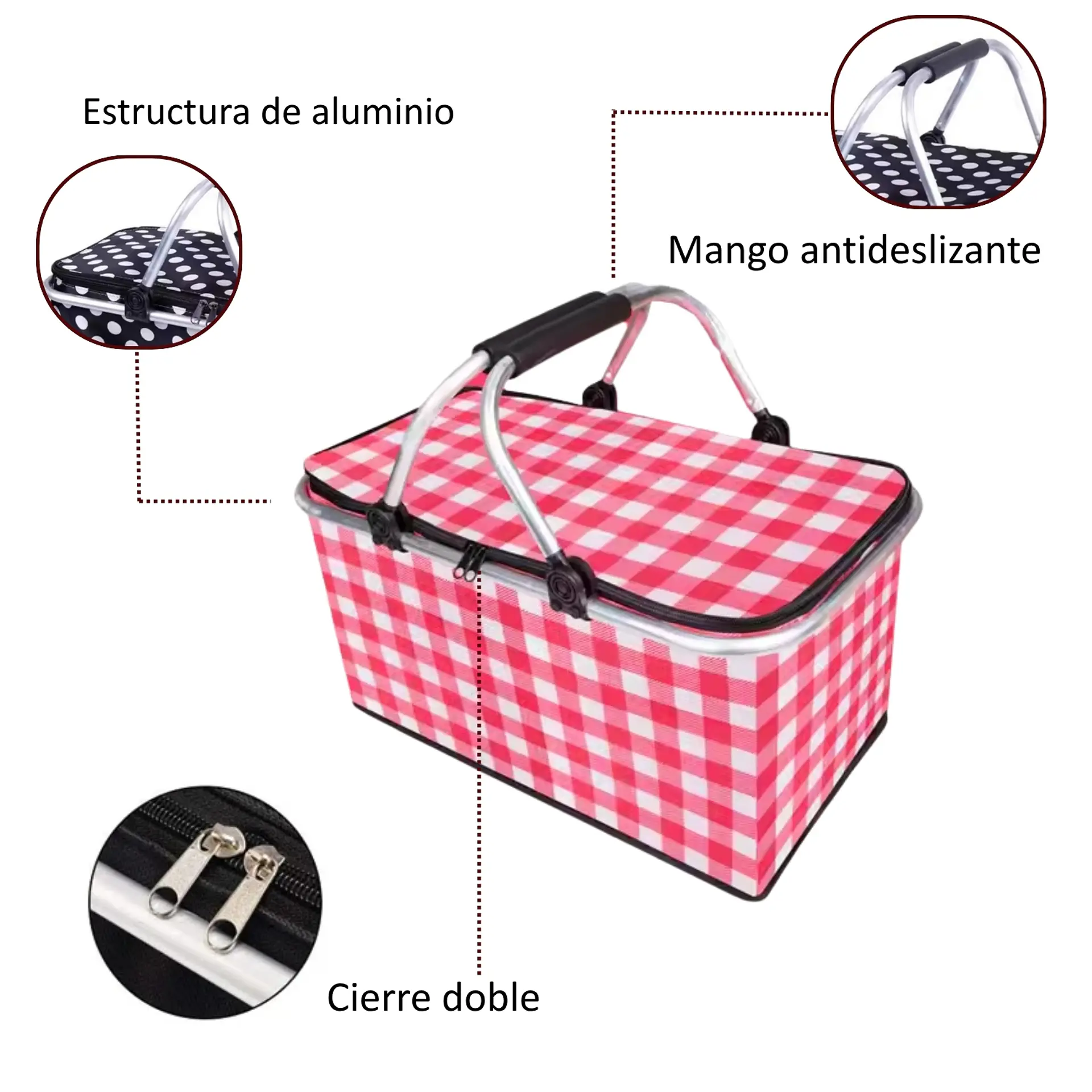 Bolso Termico Plegable Cuadros Rojos Cooler Canasta Picnic 5