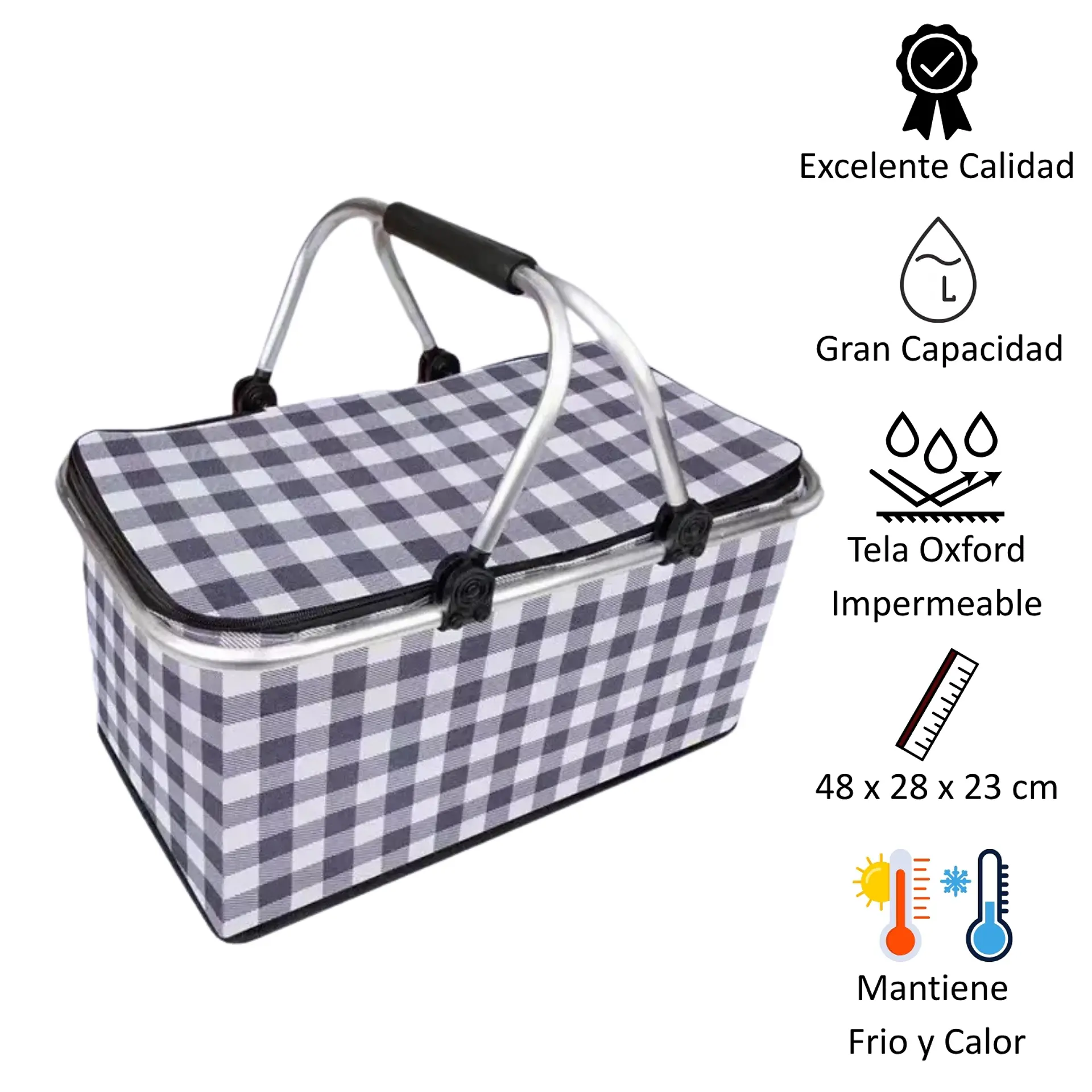 Bolso Termico Plegable Cuadros Negros Cooler Canasta Picnic 4