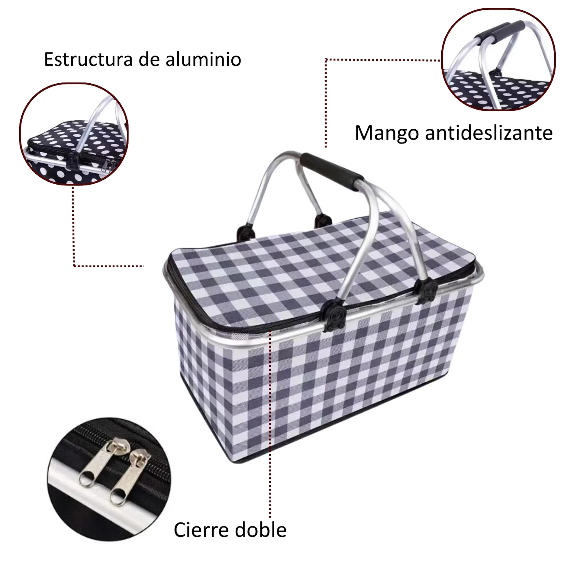 Bolso Termico Plegable Cuadros Negros Cooler Canasta Picnic 5