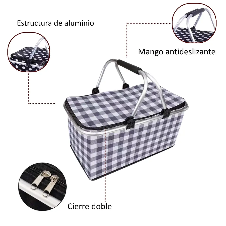 Bolso Termico Plegable Cuadros Negros Cooler Canasta Picnic 5