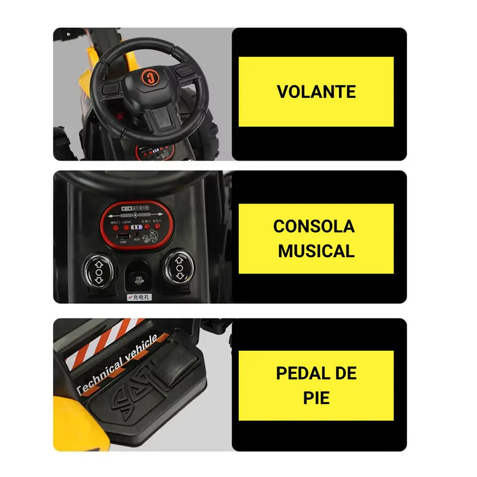 Auto Batería Retroexcavadora Eléctrica Infantil Amarilla 3