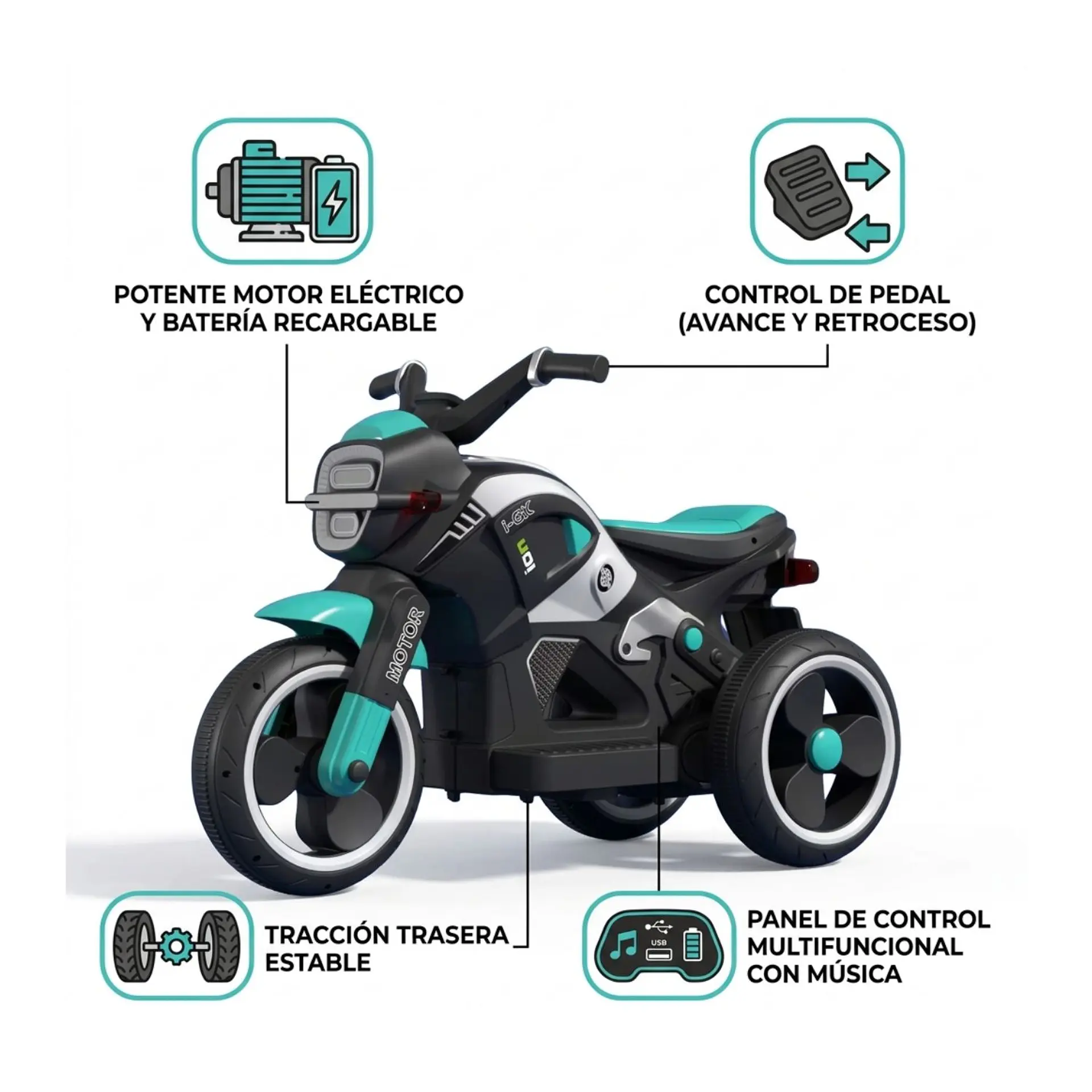 Moto Batería Eléctrico Infantil Beast Turquesa Juguete  7
