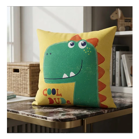 Funda Cojin 45x45 Dinosaurio Verde Amarillo Lino Poly