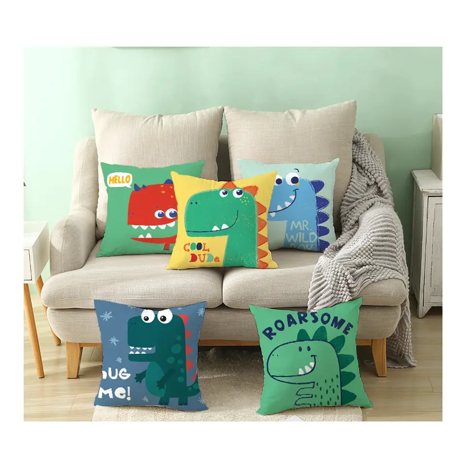 Funda Cojin 45x45 InfantilDinosaurio Turquesa Azul Lino Poly 6