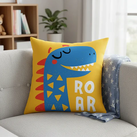 Funda Cojin 45x45 Infantil Dinosaurio Azul Naranjo Lino Poly