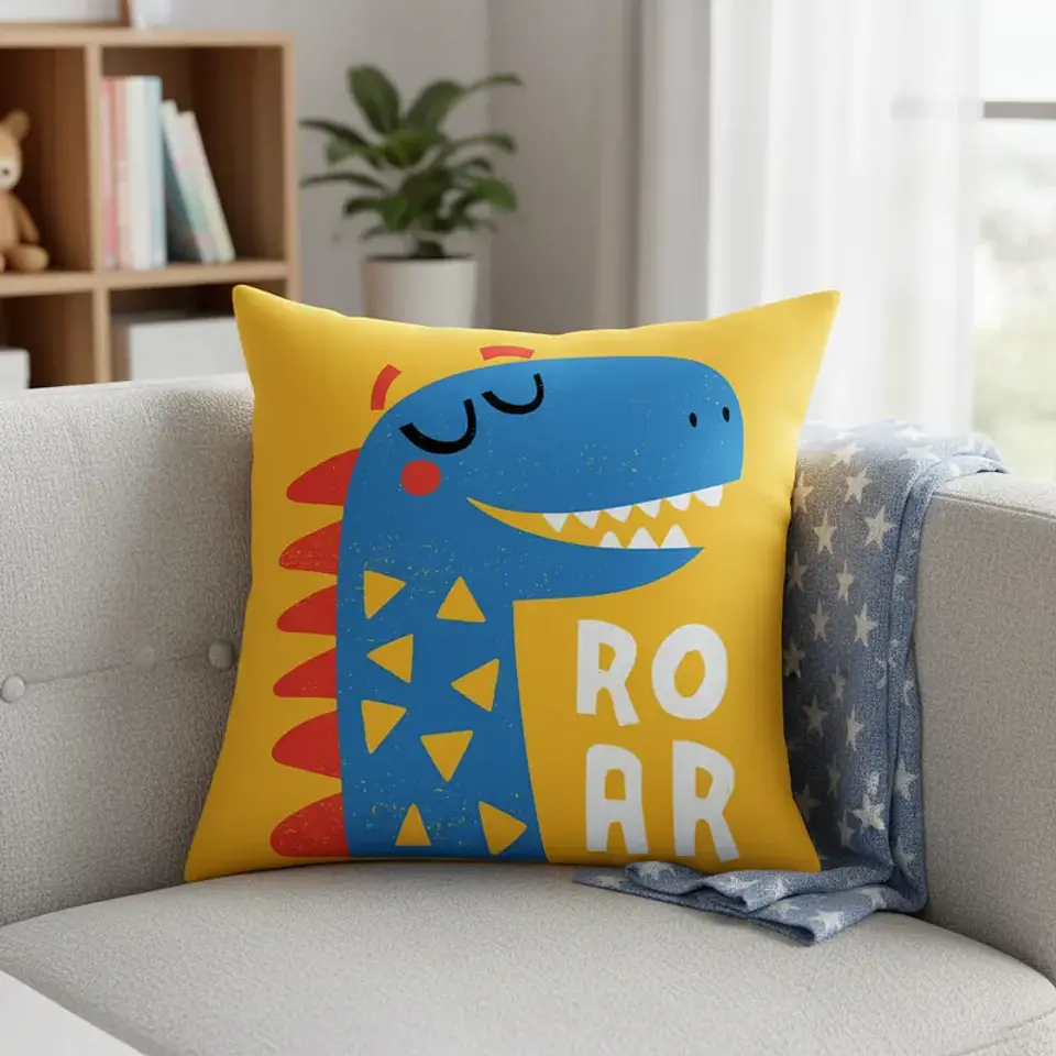 Funda Cojin 45x45 Infantil Dinosaurio Azul Naranjo Lino Poly 1