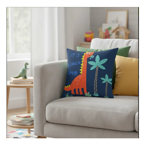 Funda Cojin 45x45 Infantil Dinosaurio Rojo Azul Lino Poly