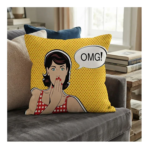 Funda Cojin 45x45 Decorativo Pop Art OMG Amarillo Lino poly