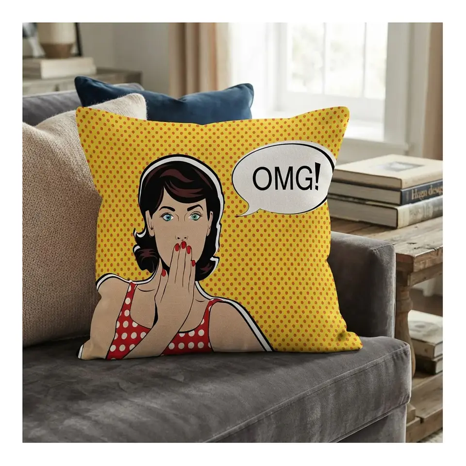 Funda Cojin 45x45 Decorativo Pop Art OMG Amarillo Lino poly 2