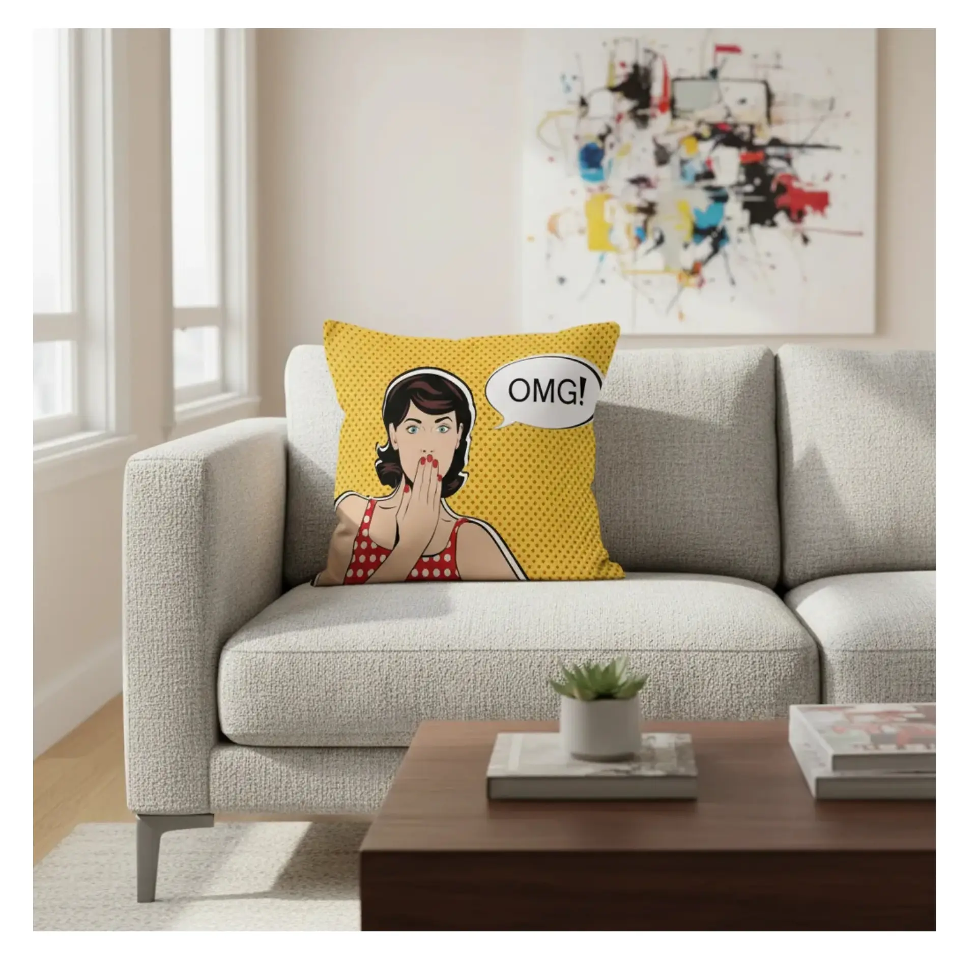 Funda Cojin 45x45 Decorativo Pop Art OMG Amarillo Lino poly 3