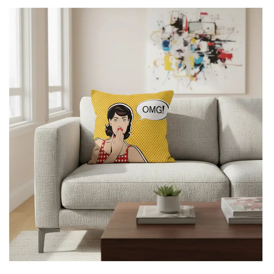 Funda Cojin 45x45 Decorativo Pop Art OMG Amarillo Lino poly 3
