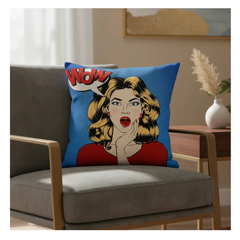 Funda Cojin 45x45 Decorativo Pop Art WOW Azul Lino poly 