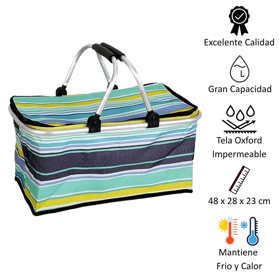 Bolso Termico Plegable Rayas Azul Cooler Canasta Picnic 5