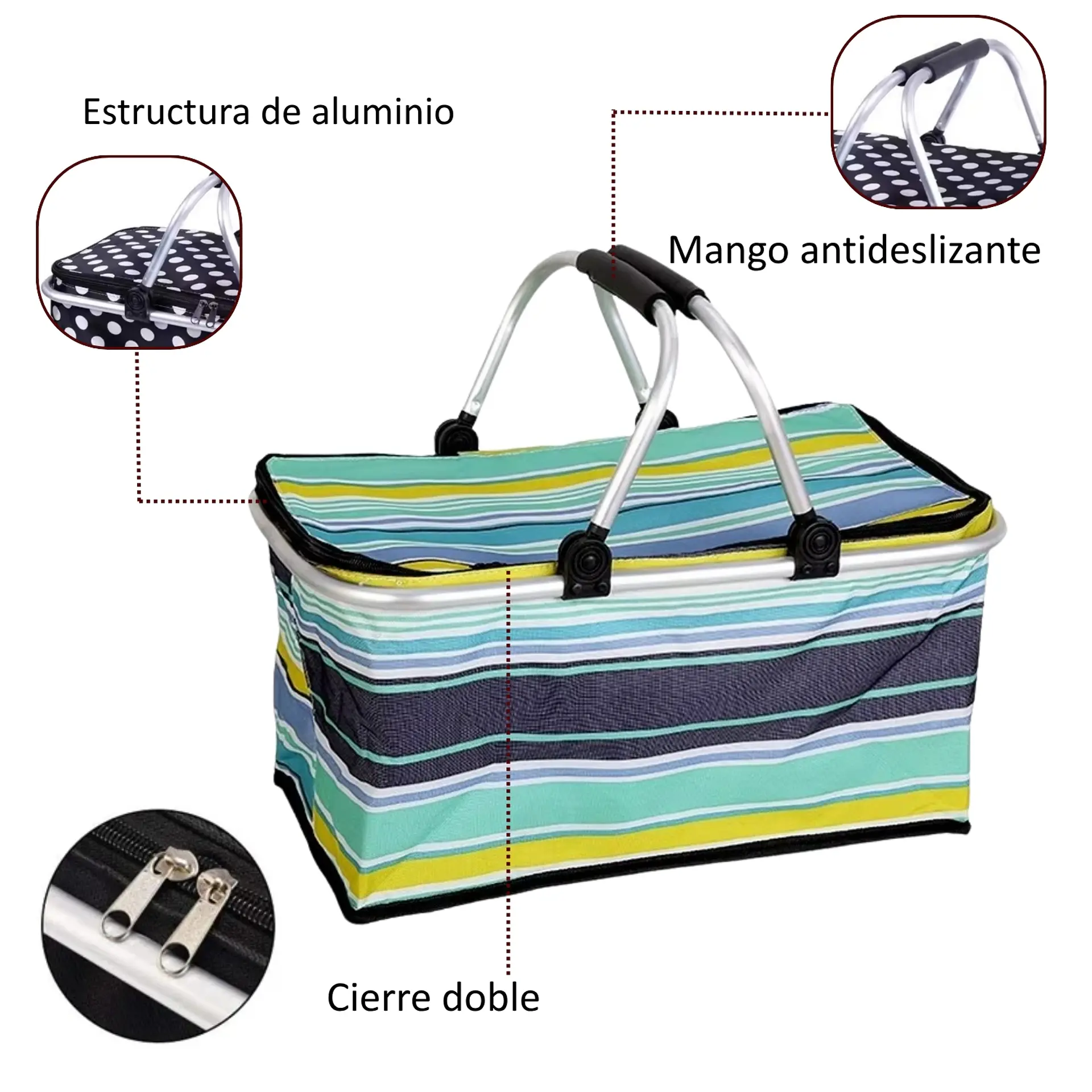 Bolso Termico Plegable Rayas Azul Cooler Canasta Picnic 6