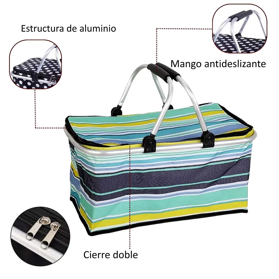 Bolso Termico Plegable Rayas Azul Cooler Canasta Picnic 6