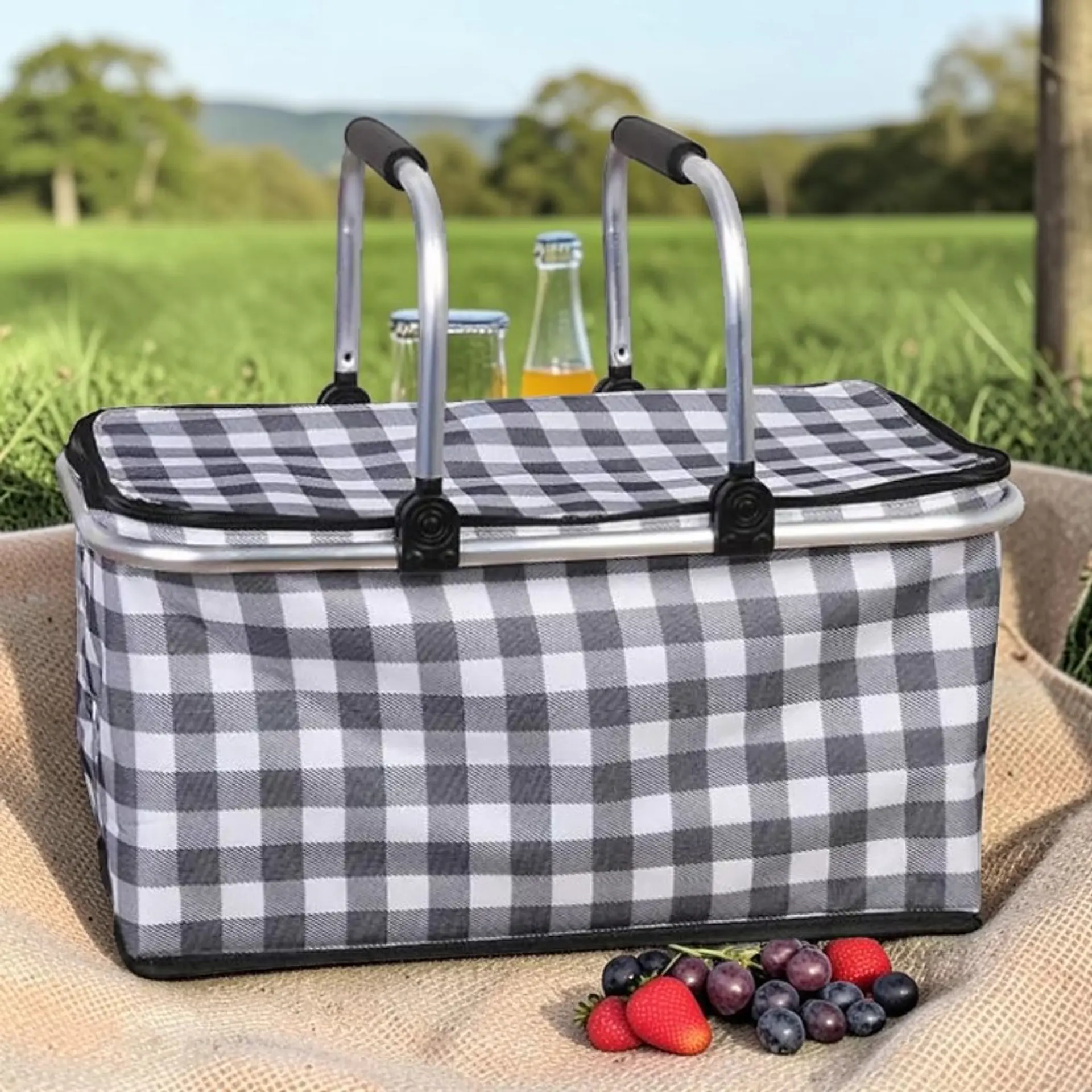 Bolso Termico Plegable Cuadros Negros Cooler Canasta Picnic 8