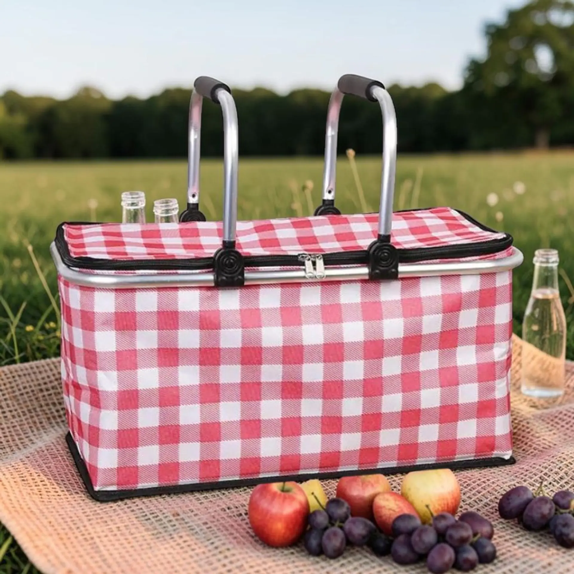 Bolso Termico Plegable Cuadros Rojos Cooler Canasta Picnic 8