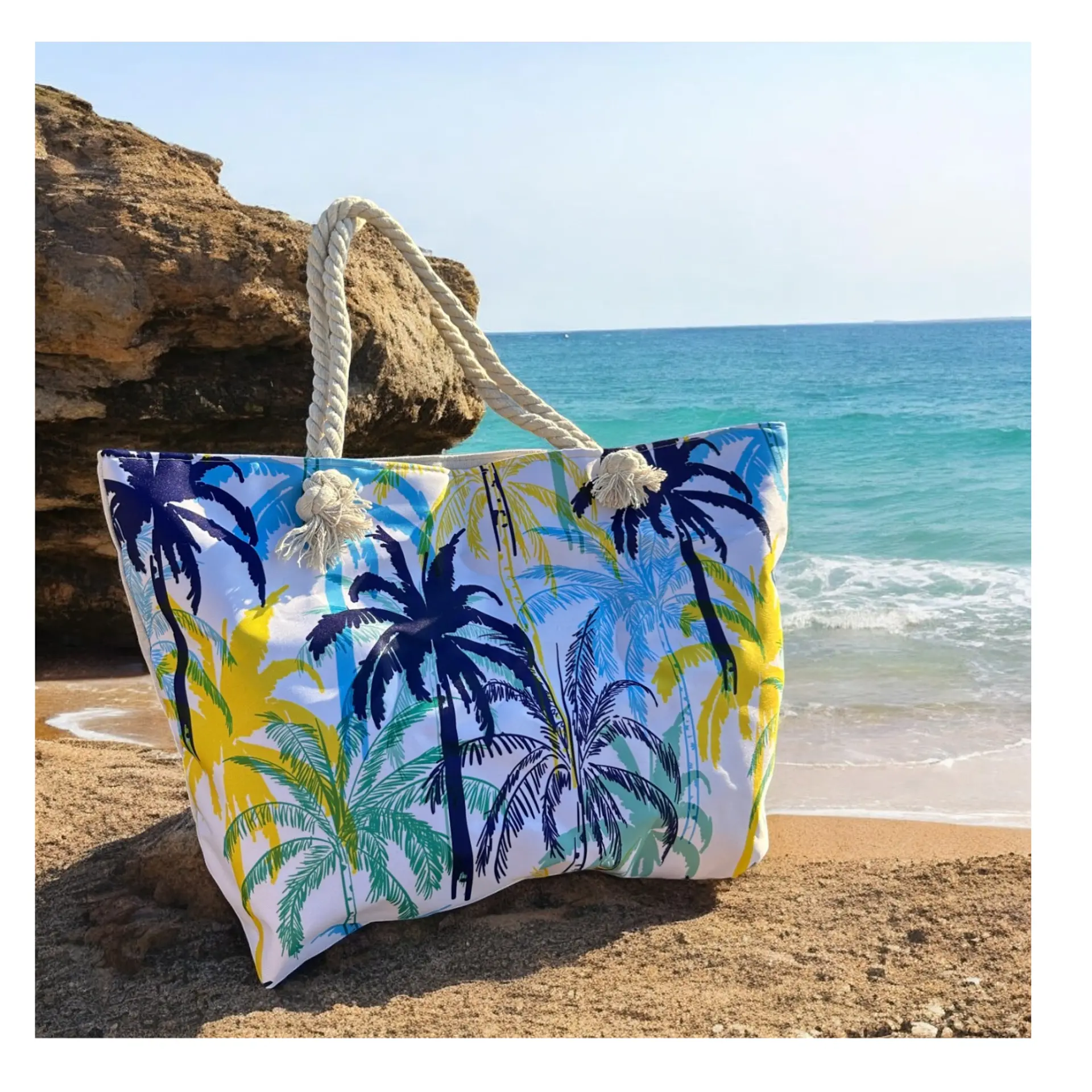 Bolso Playa Lona Algodón Palmeras Colores Cierre y Estuche 3
