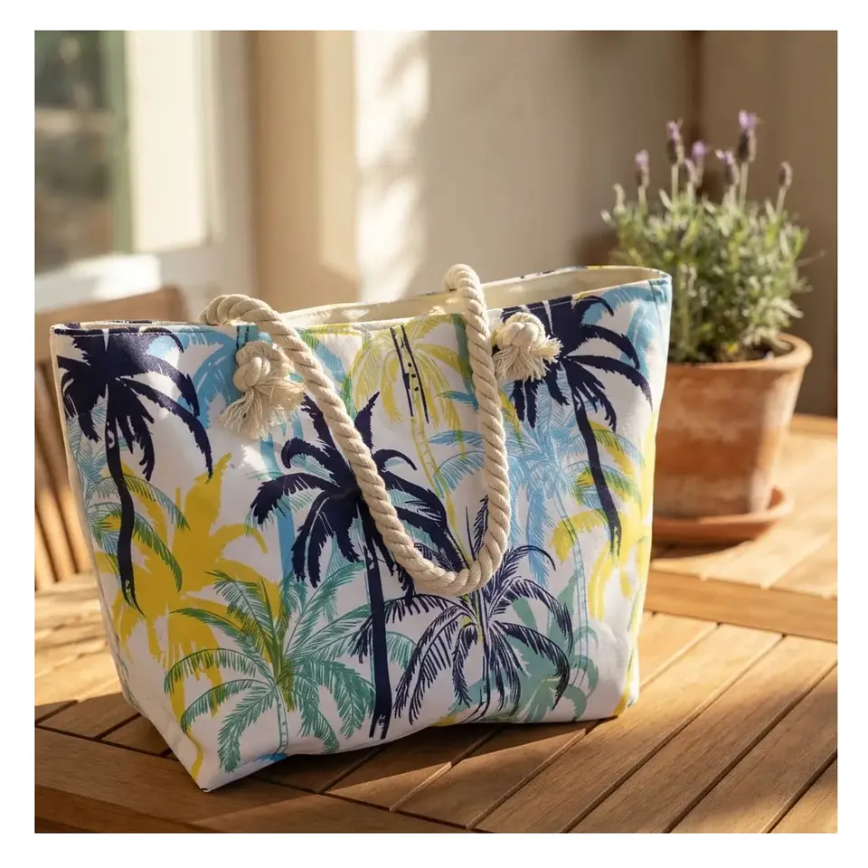 Bolso Playa Lona Algodón Palmeras Colores Cierre y Estuche 1