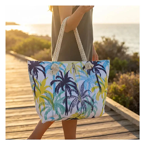 Bolso Playa Lona Algodón Palmeras Colores Cierre y Estuche