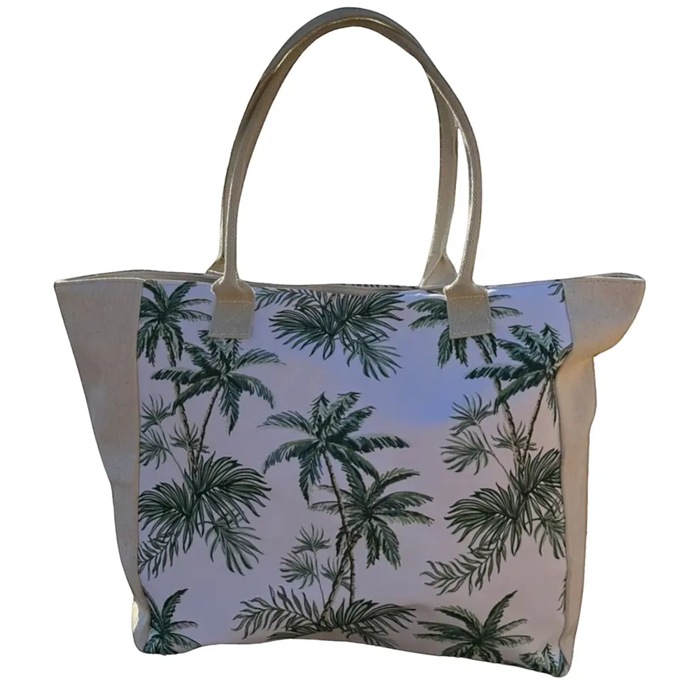 Bolso Playa Lona Algodon Palmeras Con Cierre Fuelle Grande 6