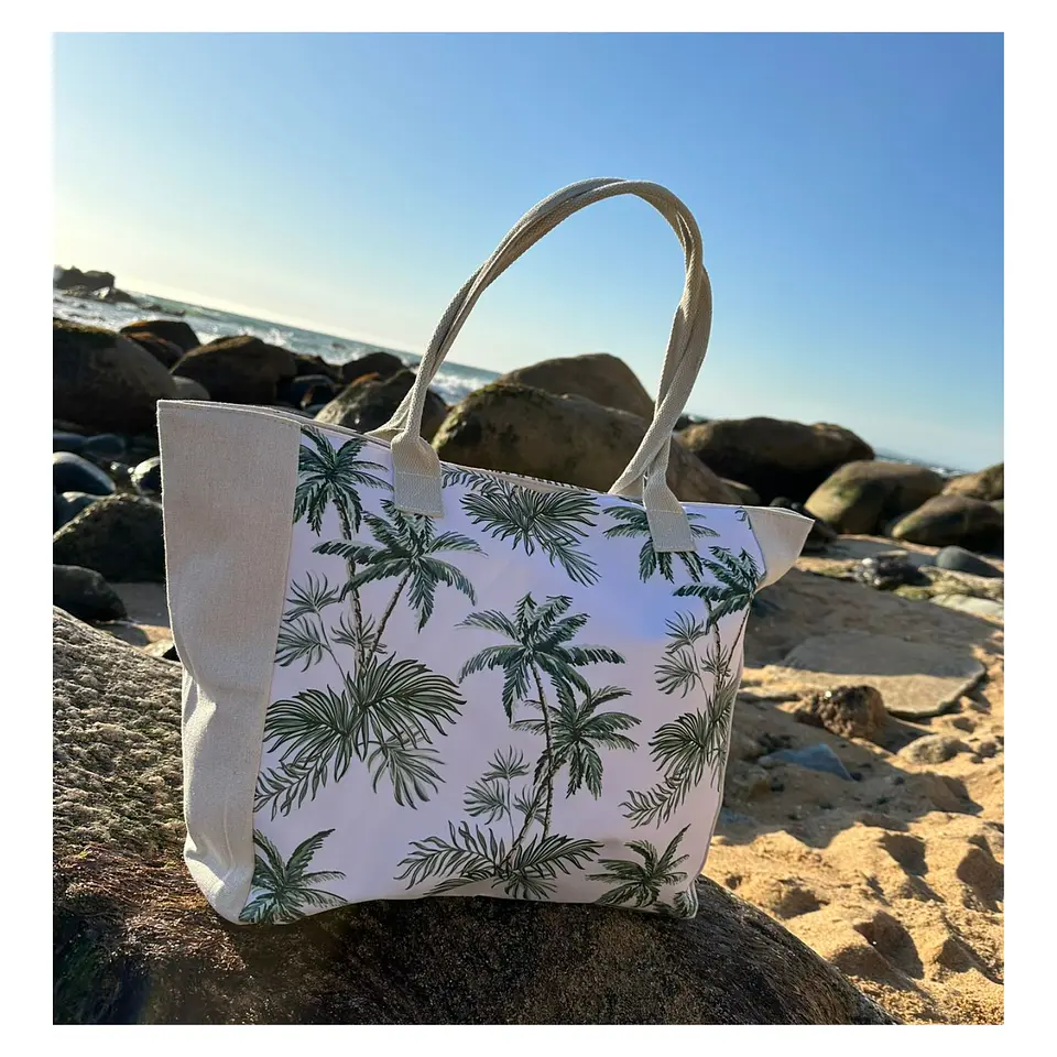 Bolso Playa Lona Algodon Palmeras Con Cierre Fuelle Grande 2